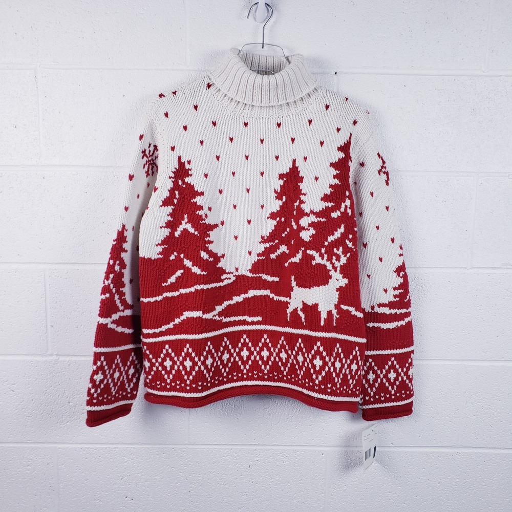 Vintage 90s Liz Claiborne Turtleneck Sweater Red Christmas Tree Reindeer Size XL